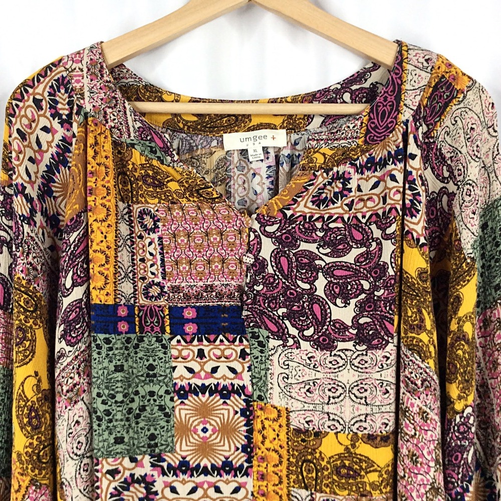 Umgee Patchwork Floral Paisley Mini Dress Women's Size XL Long Sleeve Boho - Picture 4 of 8